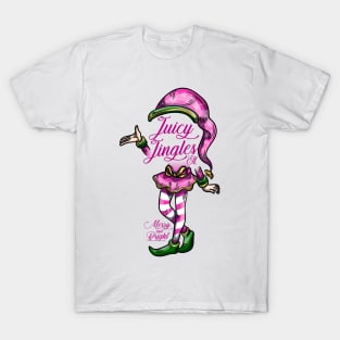 JUICY JINGLES: Bells Bright Christmas Elf Green Gold Jingles Merry Pink T-Shirt